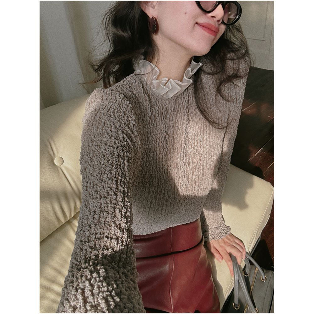 TOP Home Exquisite Atmosphere French Retro Double layer Mushroom Edge Three dimensional Wrinkle Texture Jacquard Stand up Collar Top image 3