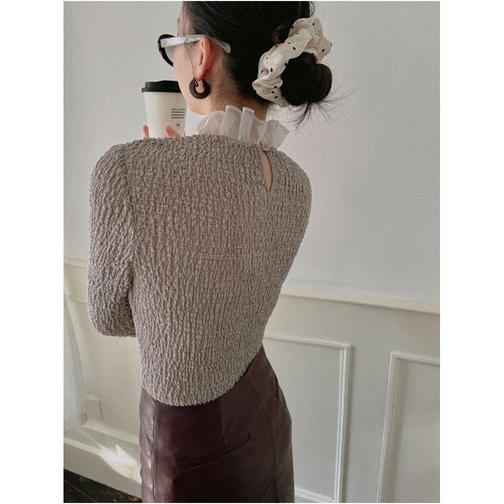 TOP Home Exquisite Atmosphere French Retro Double layer Mushroom Edge Three dimensional Wrinkle Texture Jacquard Stand up Collar Top image 4