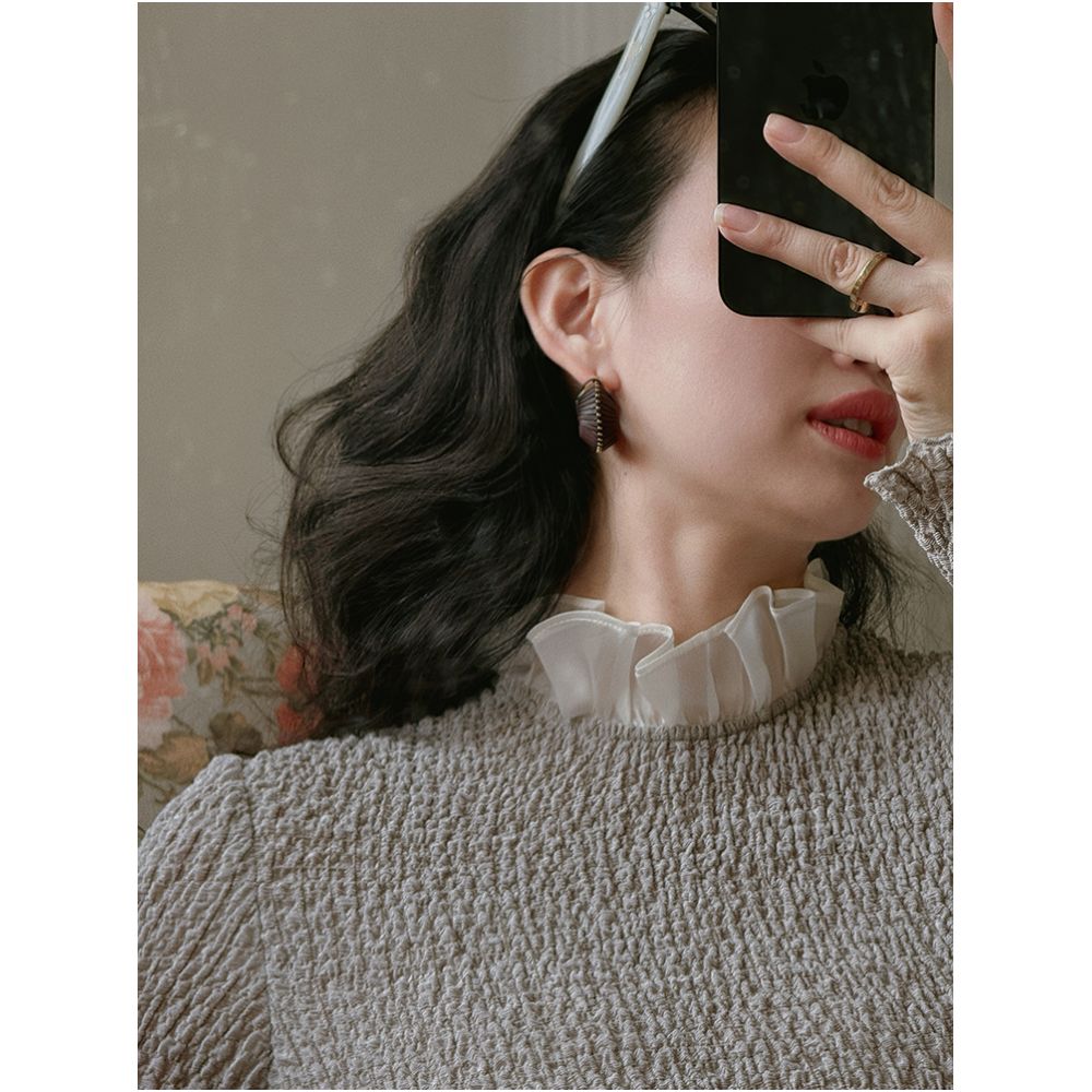 TOP Home Exquisite Atmosphere French Retro Double layer Mushroom Edge Three dimensional Wrinkle Texture Jacquard Stand up Collar Top image 5