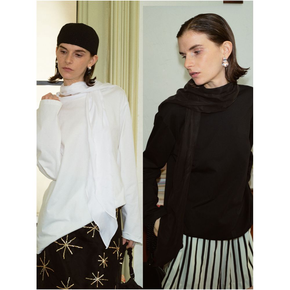 TOP lazy romantic French retro niche design ribbon ribbed round neck loose long sleeved scarf T shirt image 0