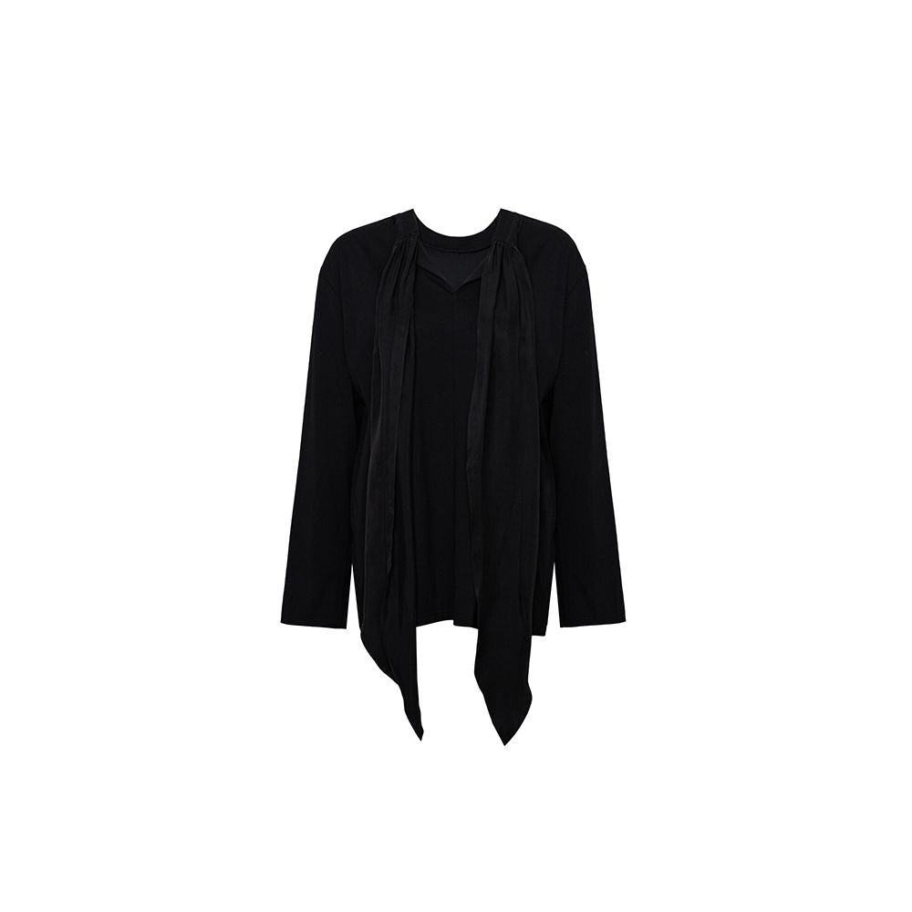 TOP lazy romantic French retro niche design ribbon ribbed round neck loose long sleeved scarf T shirt image 18