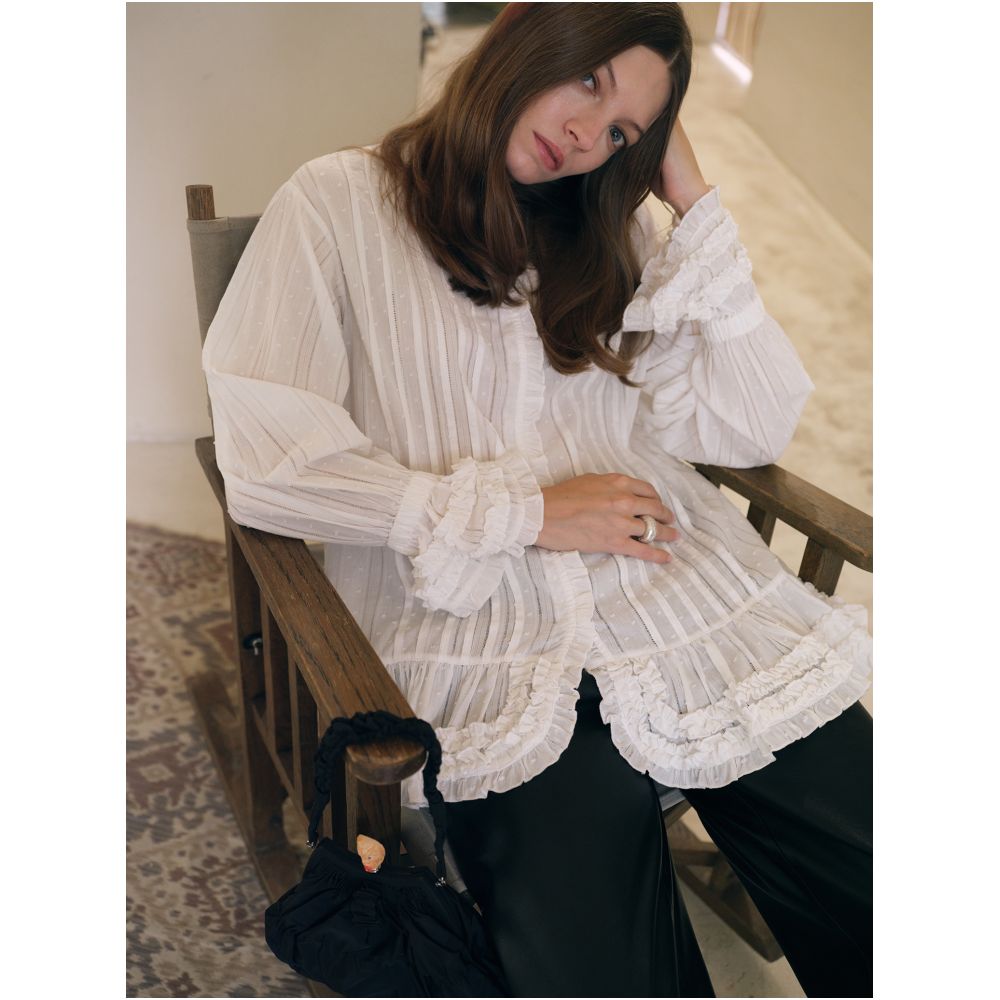 TOP Home Romantic Overture French Retro Exquisite Detail Dots Jacquard Folded Black Fungus Edge Long Sleeve Shirt image 0