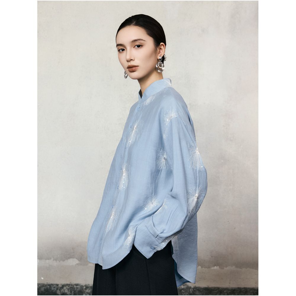 HECO Xingluo New Chinese Embroidered Flower Comfortable Cotton Long sleeved Shirt Women s Autumn and Winter Style Stand up Collar Shirt image 5