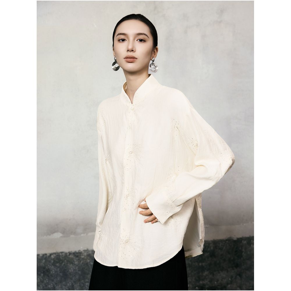 HECO Xingluo New Chinese Embroidered Flower Comfortable Cotton Long sleeved Shirt Women s Autumn and Winter Style Stand up Collar Shirt image 10