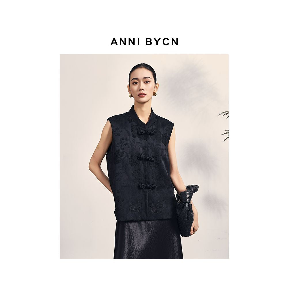 Annibycn New Chinese Style Black Vest Women s Spring and Autumn Female Temperament Standing Collar Jacquard Buckle Top image 5