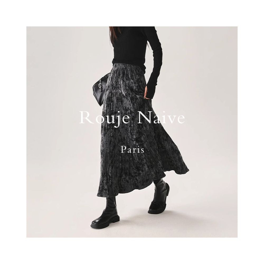 Rouje Naive texture pleated velvet skirt for women new autumn and winter thick slimming A line pleated umbrella skirt image 2