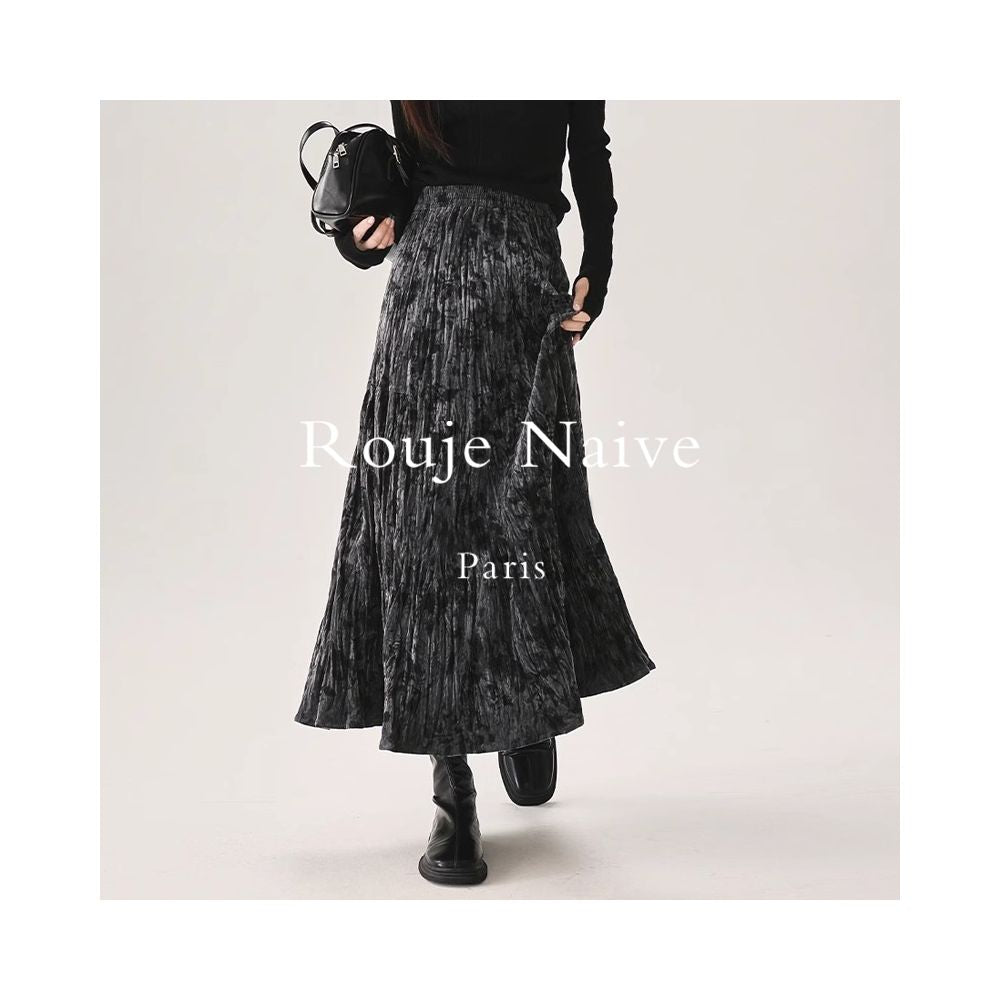 Rouje Naive texture pleated velvet skirt for women new autumn and winter thick slimming A line pleated umbrella skirt image 3