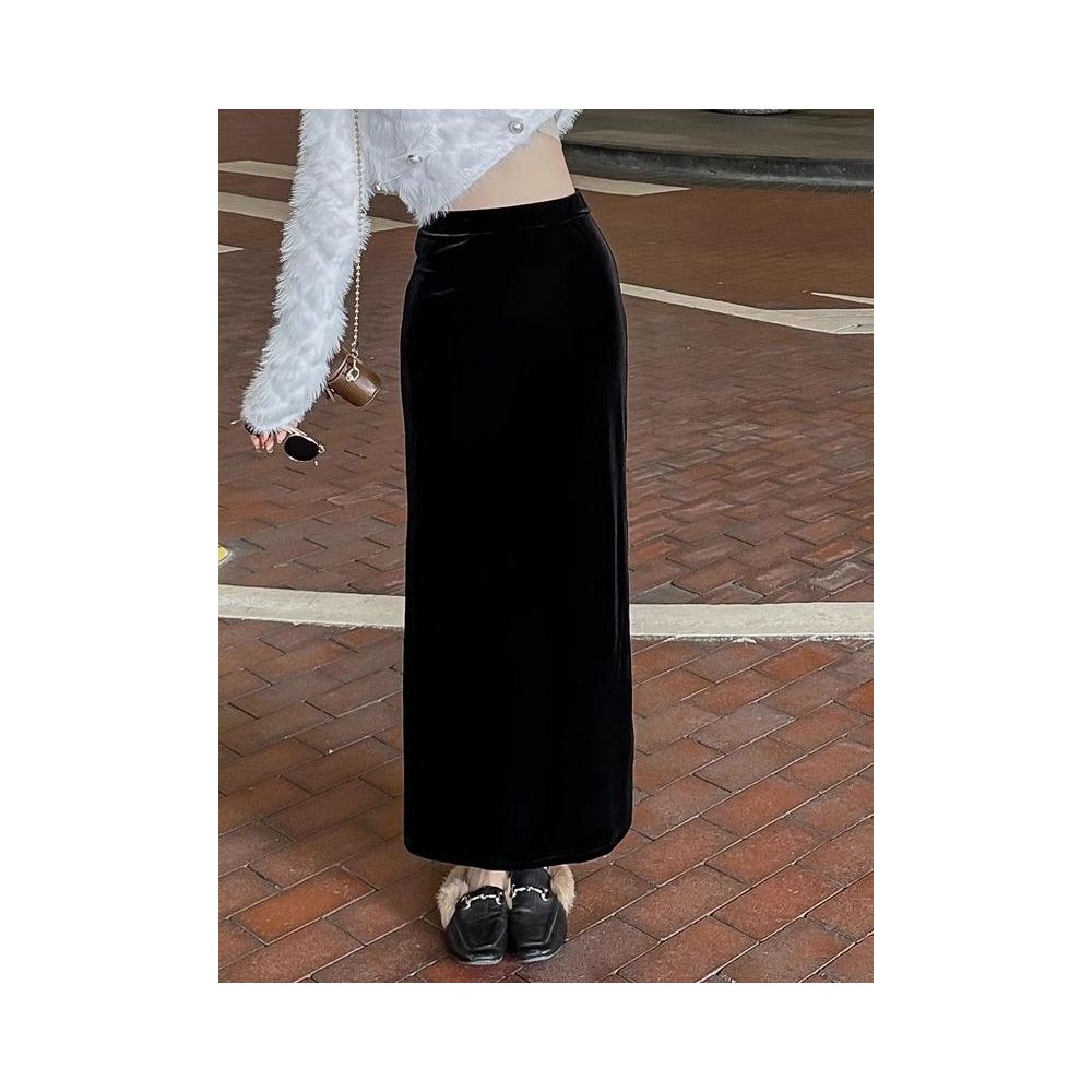 Rouje Naive Gold Velvet Half length Skirt Women s Long Skirt New Autumn and Winter High Waist Drop Feel Split Straight Tube Skirt image 4