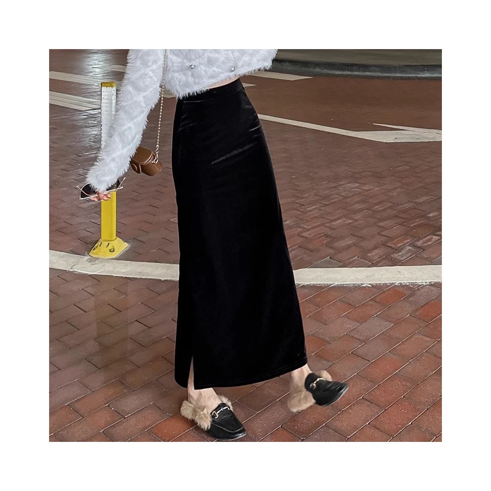 Rouje Naive Gold Velvet Half length Skirt Women s Long Skirt New Autumn and Winter High Waist Drop Feel Split Straight Tube Skirt image 10