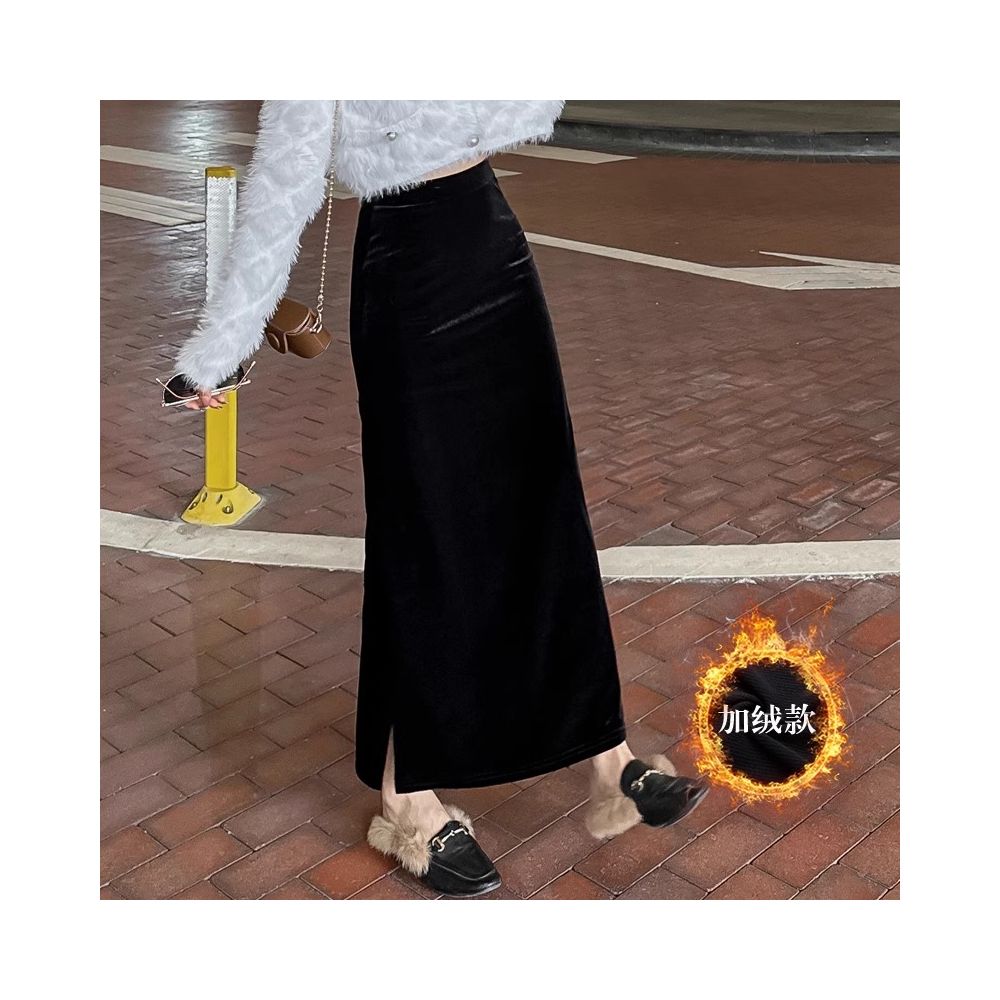 Rouje Naive Gold Velvet Half length Skirt Women s Long Skirt New Autumn and Winter High Waist Drop Feel Split Straight Tube Skirt image 12