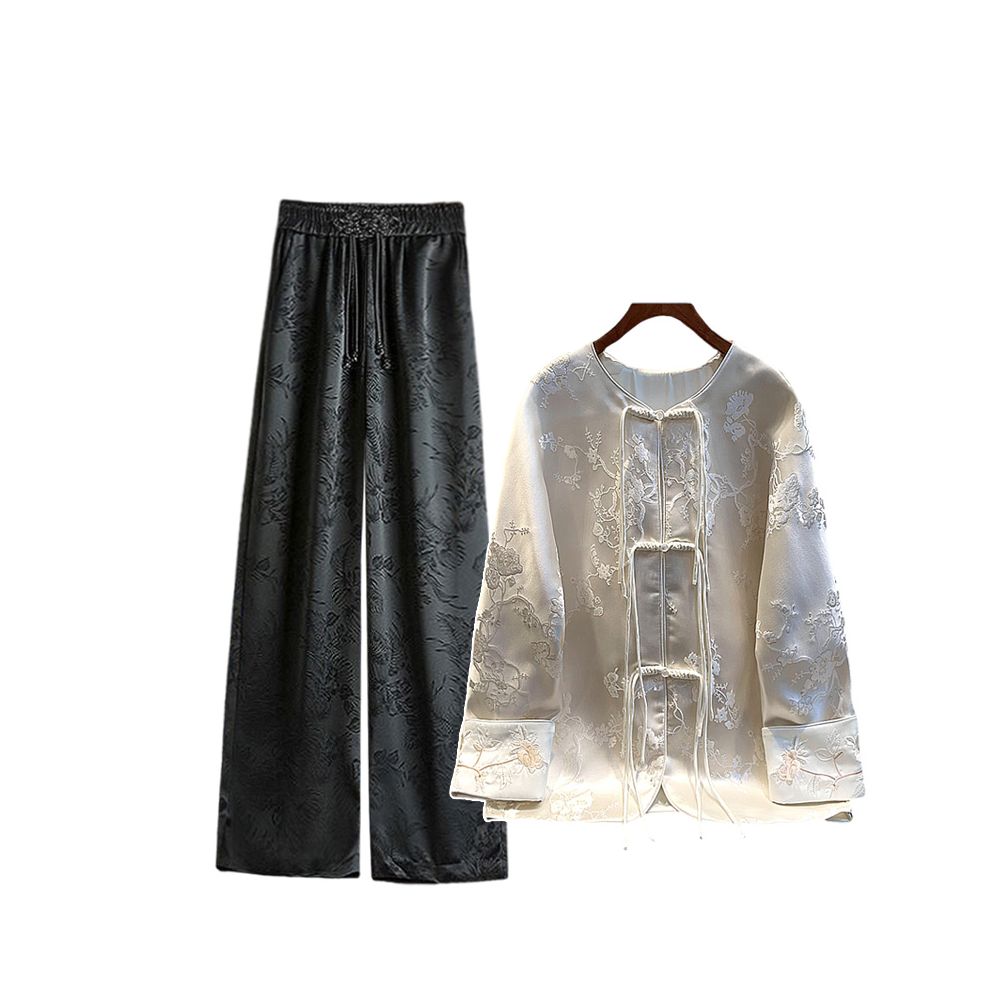 Spot two piece women s loose 25 autumn white jacket new Chinese style hanging wide leg pants image 7