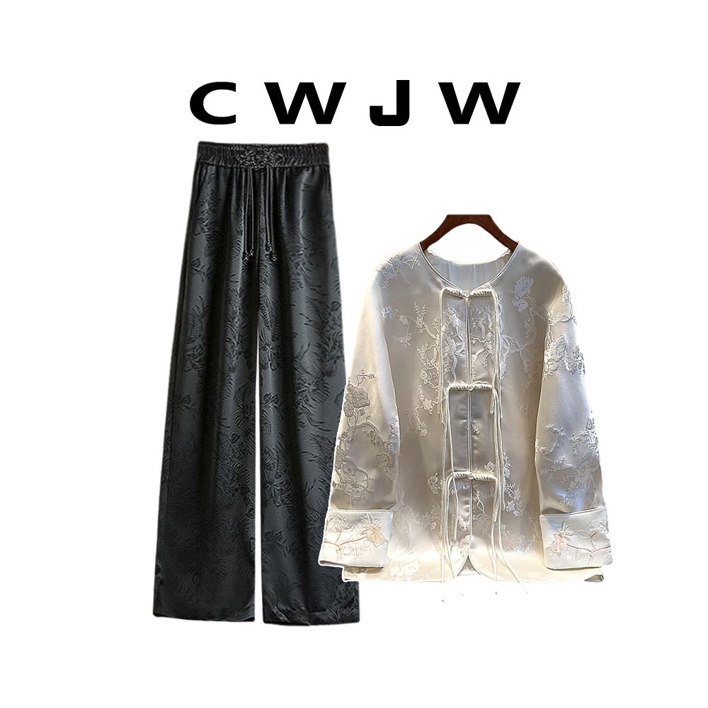 Spot two piece women s loose 25 autumn white jacket new Chinese style hanging wide leg pants image 8
