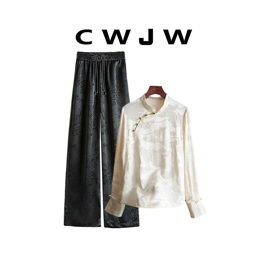 Spot two piece set of women s loose spring and autumn style slanted placket shirt new Chinese style hanging wide leg pants set image 1