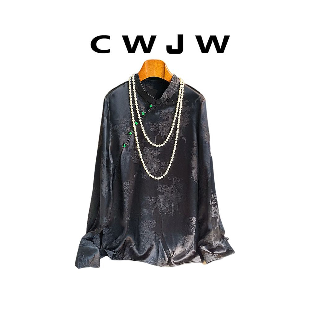 Spot two piece set of women s loose spring and autumn style slanted placket shirt new Chinese style hanging wide leg pants set image 5