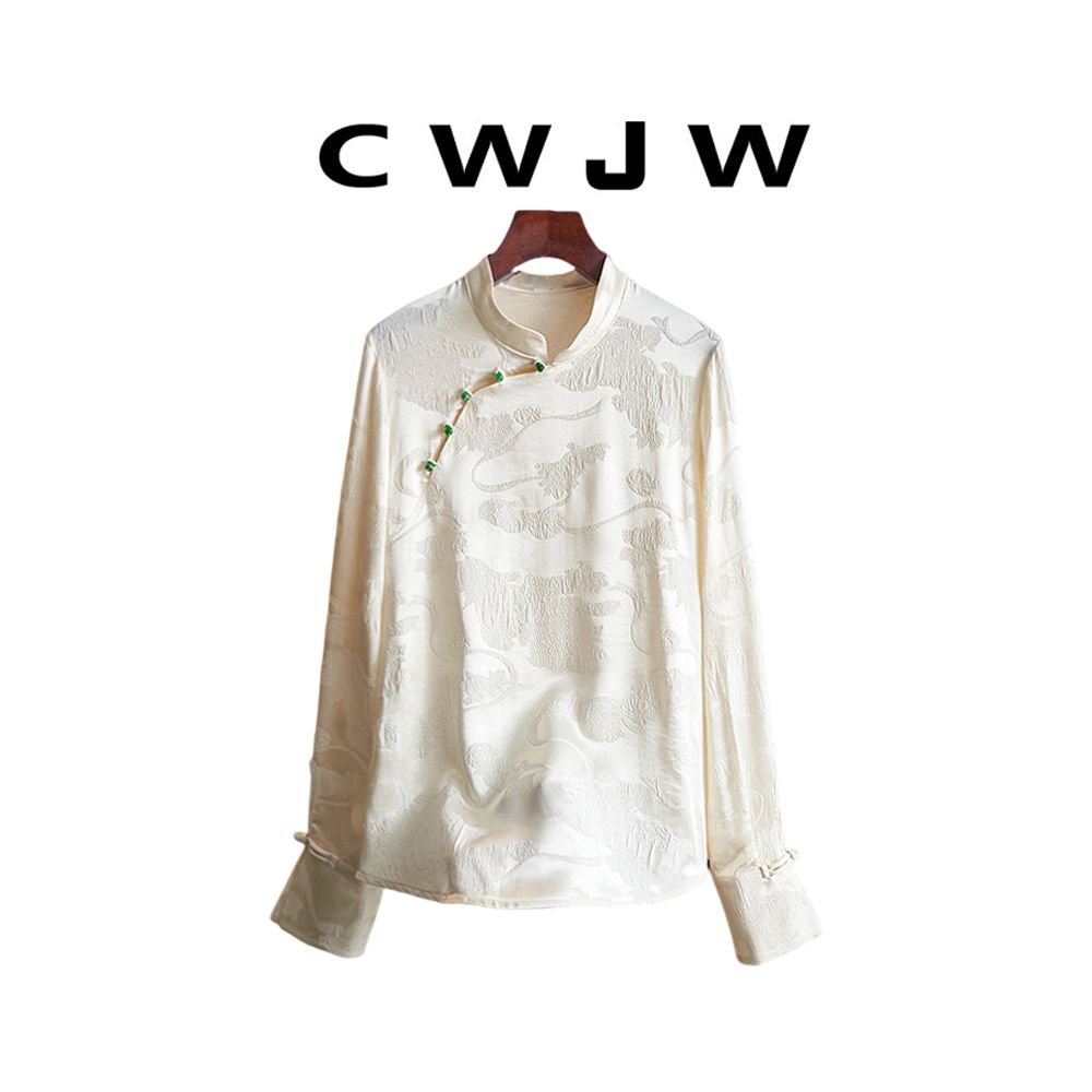 Spot two piece set of women s loose spring and autumn style slanted placket shirt new Chinese style hanging wide leg pants set image 10