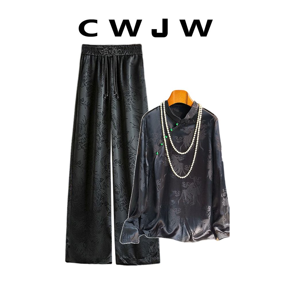 Spot two piece set of women s loose spring and autumn style slanted placket shirt new Chinese style hanging wide leg pants set image 15