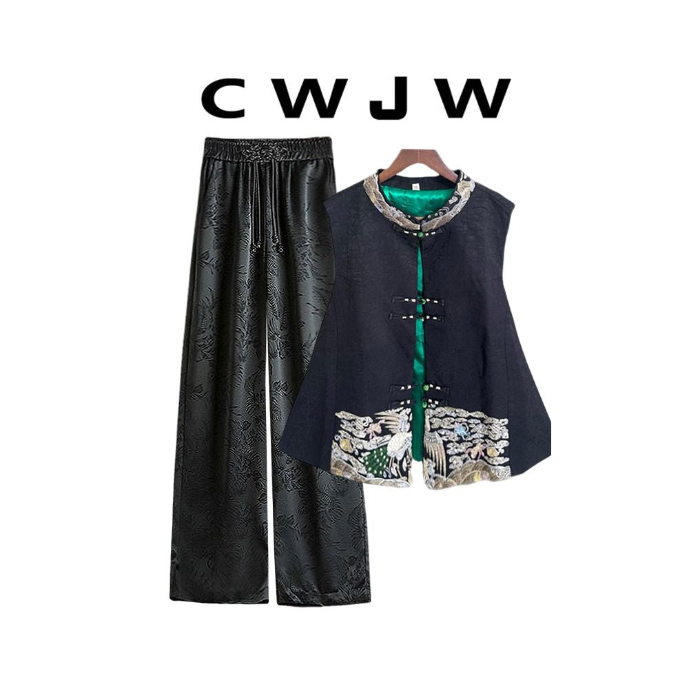 Spot two piece women s loose autumn and winter Chinese style cracked vest new Chinese style hanging wide leg pants set image 0