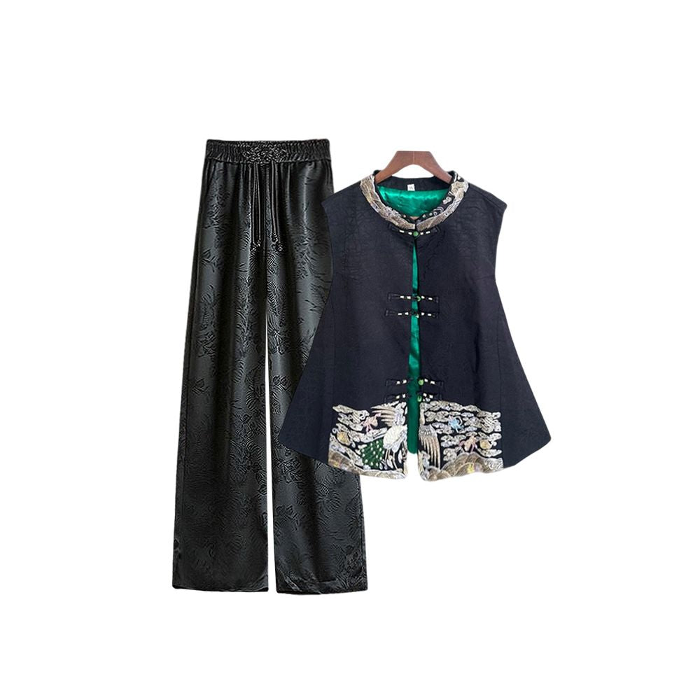 Spot two piece women s loose autumn and winter Chinese style cracked vest new Chinese style hanging wide leg pants set image 4