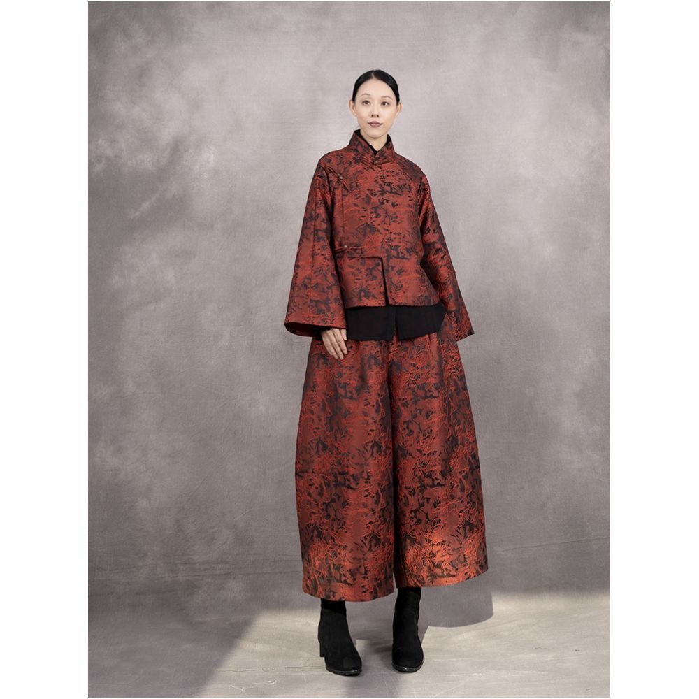 2024 Spring New Retro Style Loose Chinese Stand Collar Jacquard Top Coat White Shirt Flower Bud Pants 3 Piece Set image 1