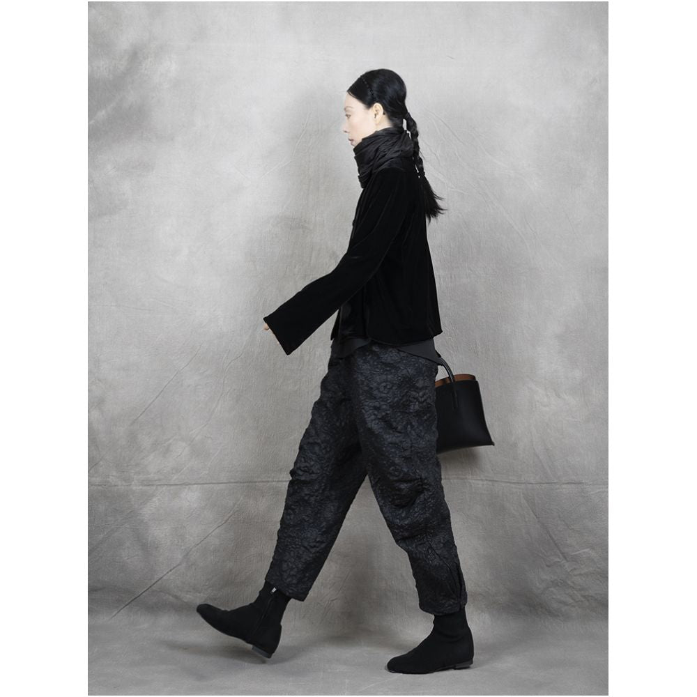 Early autumn long sleeved stand up collar velvet fashionable shirt top coat lantern wide leg sickle banana small leg pants set image 2