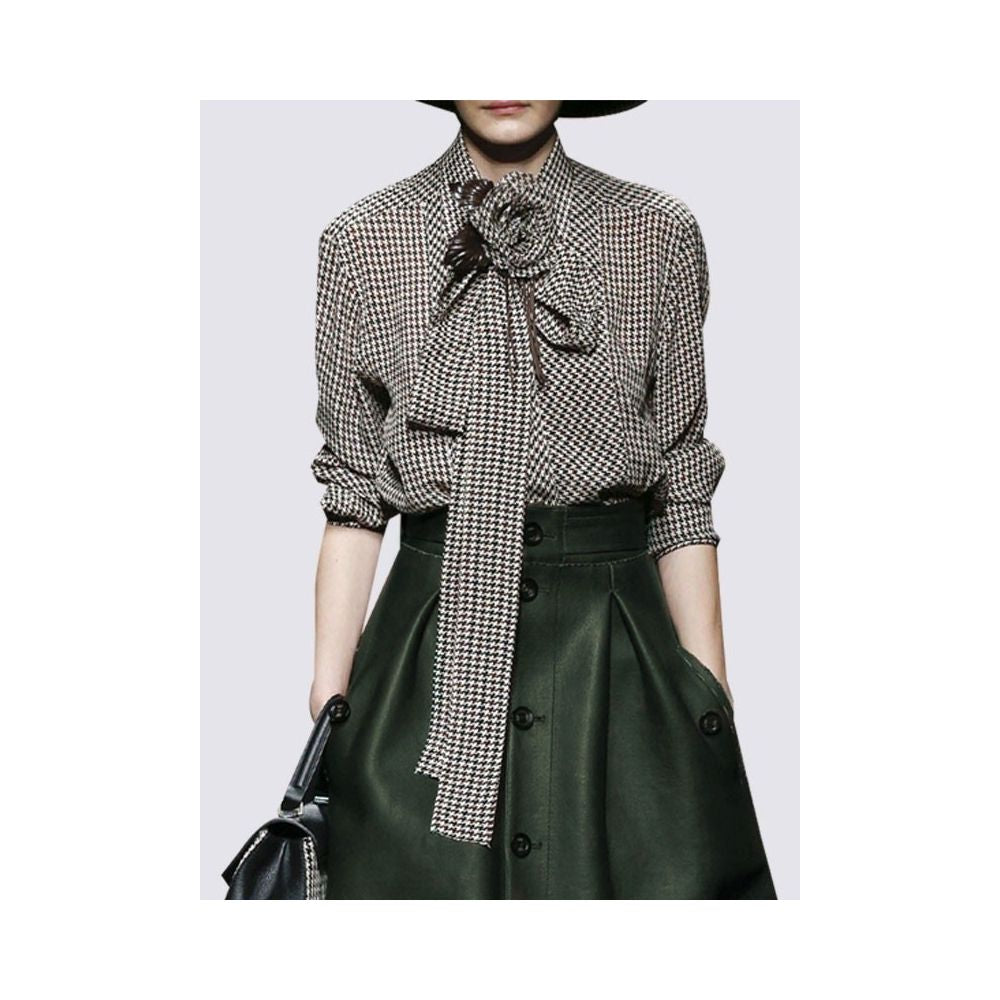 Fashion Set New Women s Bow Thousand Bird Checkered Shirt Women s Long Sleeve Shirt European Top Leather Skirt Two Piece Set image 1