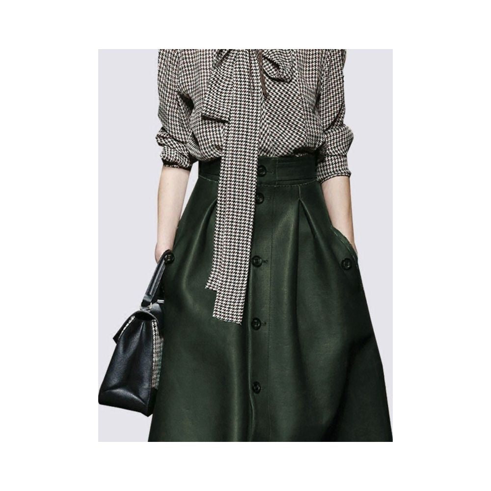 Fashion Set New Women s Bow Thousand Bird Checkered Shirt Women s Long Sleeve Shirt European Top Leather Skirt Two Piece Set image 2