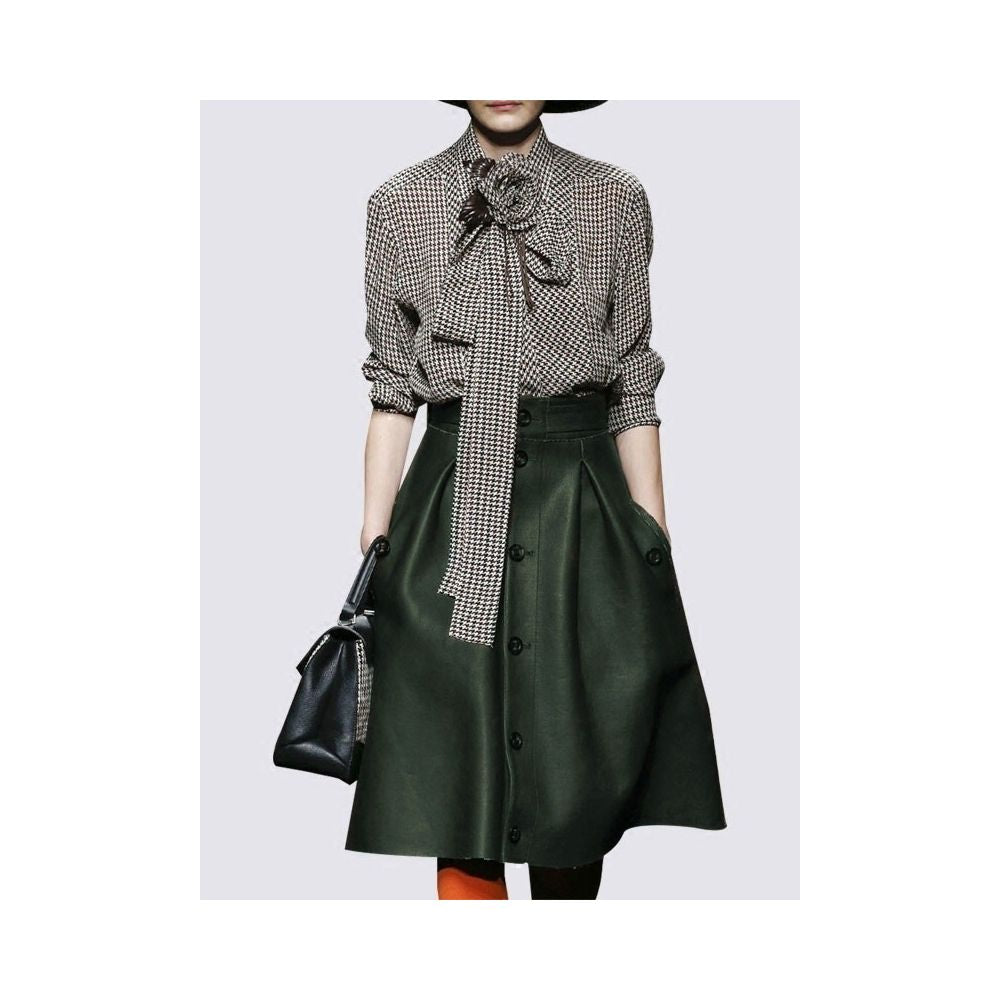 Fashion Set New Women s Bow Thousand Bird Checkered Shirt Women s Long Sleeve Shirt European Top Leather Skirt Two Piece Set image 4