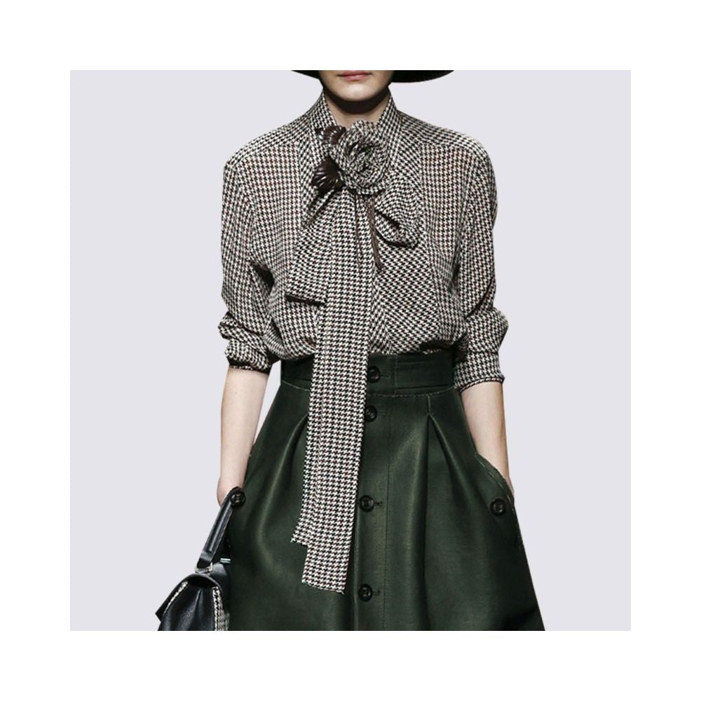 Fashion Set New Women s Bow Thousand Bird Checkered Shirt Women s Long Sleeve Shirt European Top Leather Skirt Two Piece Set image 6