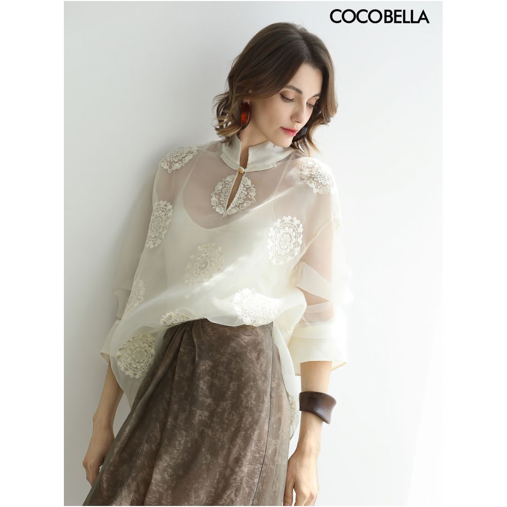 COCOBELLA New Chinese White Embroidered Shirt Women s Chinese Style Stand up Collar Micro Transparent Inner Top SR3228 image 0