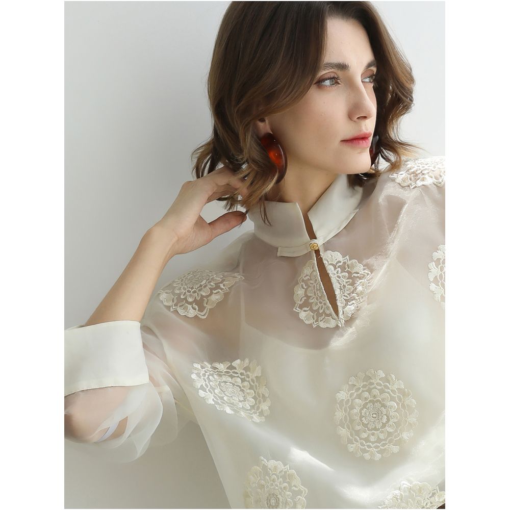 COCOBELLA New Chinese White Embroidered Shirt Women s Chinese Style Stand up Collar Micro Transparent Inner Top SR3228 image 1