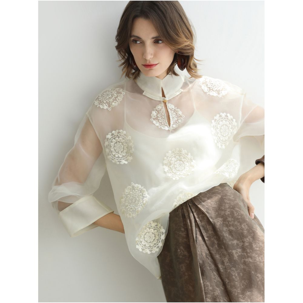 COCOBELLA New Chinese White Embroidered Shirt Women s Chinese Style Stand up Collar Micro Transparent Inner Top SR3228 image 5