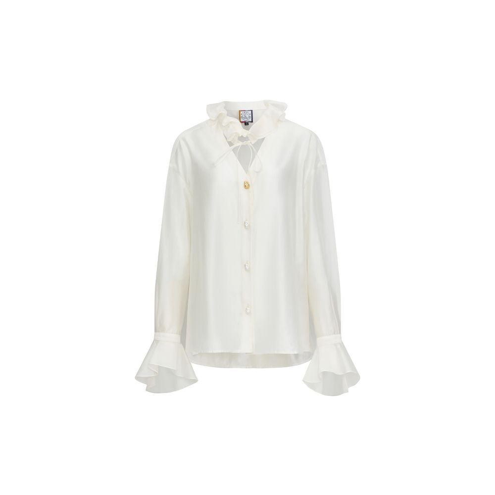 Huang Ling s Same Style Secret Fan 2025 Autumn New Collection Cloud Yao Realm Pearl White Versatile Lotus Leaf Collar Shirt image 5
