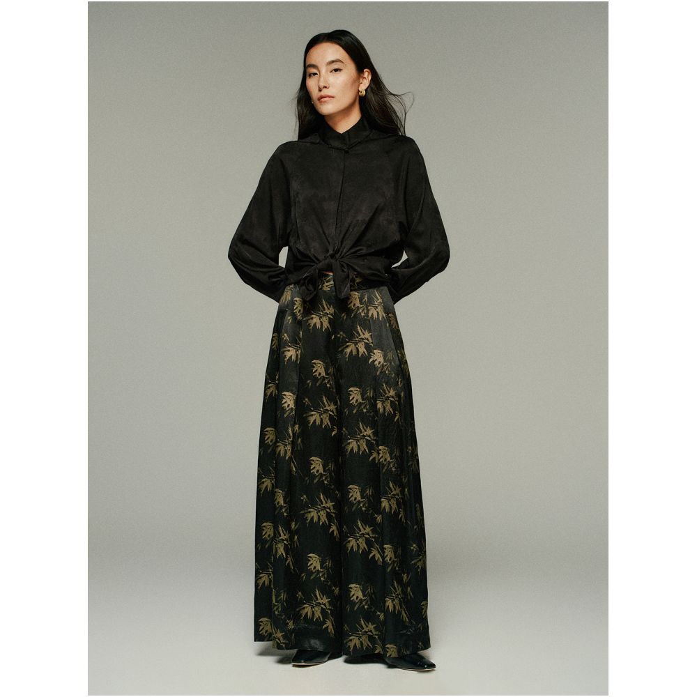 Small insect ink bamboo shadow new Chinese style plant dyeing bamboo leaf printing irregular placket vest loose wide leg pants image 2