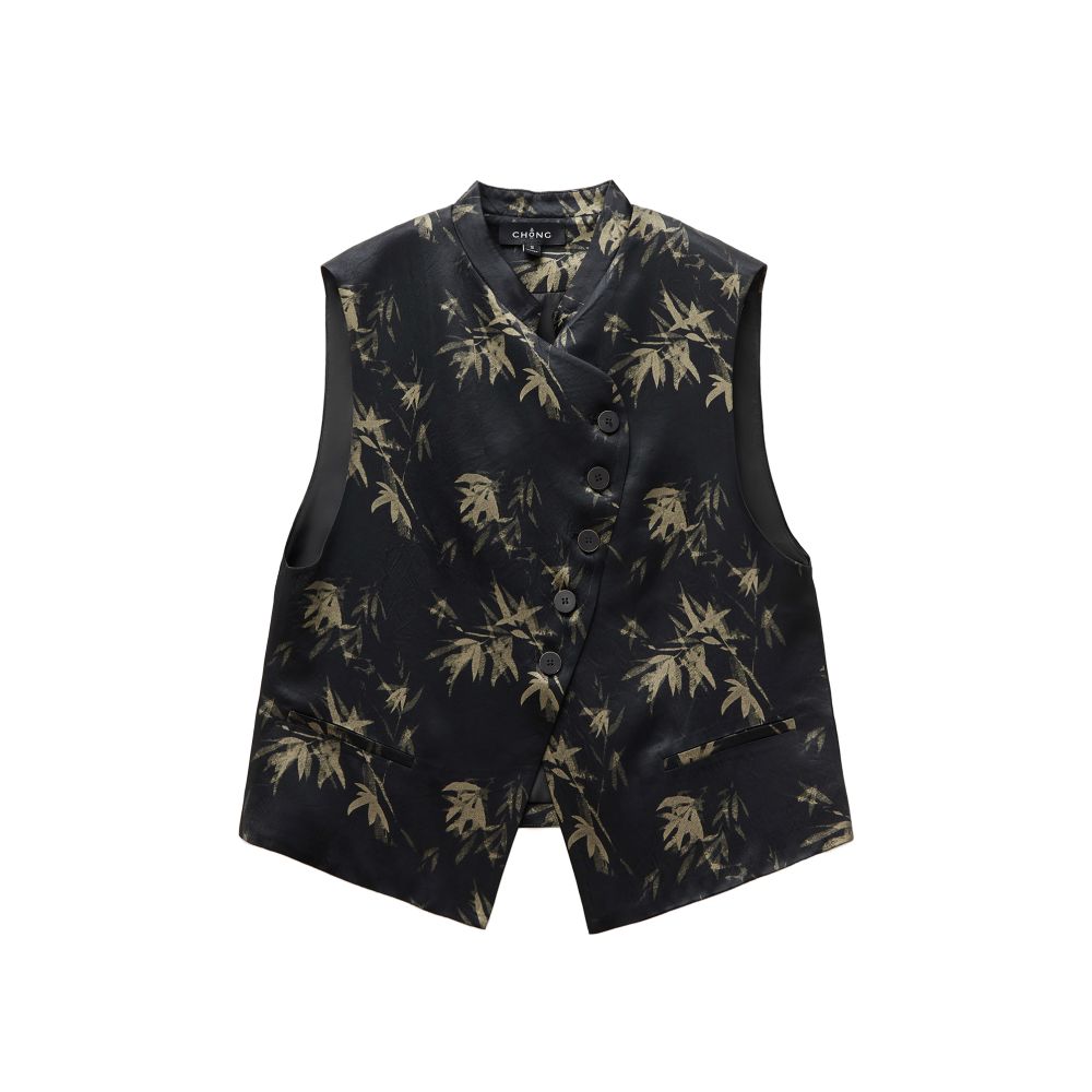 Small insect ink bamboo shadow new Chinese style plant dyeing bamboo leaf printing irregular placket vest loose wide leg pants image 4