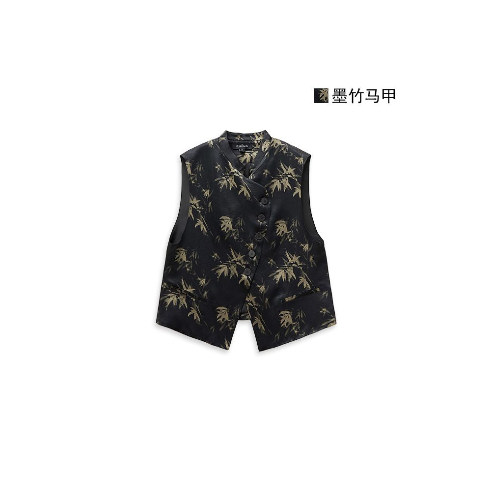 Small insect ink bamboo shadow new Chinese style plant dyeing bamboo leaf printing irregular placket vest loose wide leg pants image 5