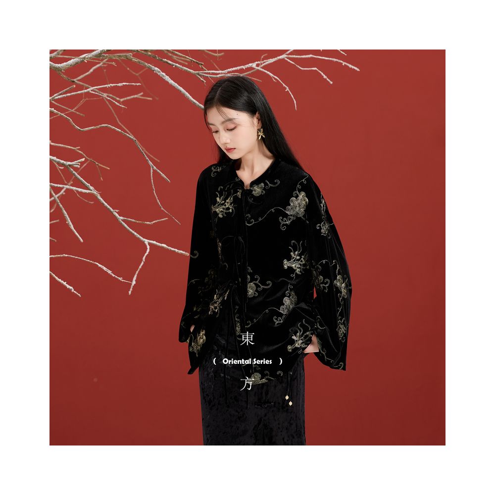 Three color sunset melting gold 2025 autumn and winter new style new Chinese velvet jacket lantern sleeve top women s C image 6