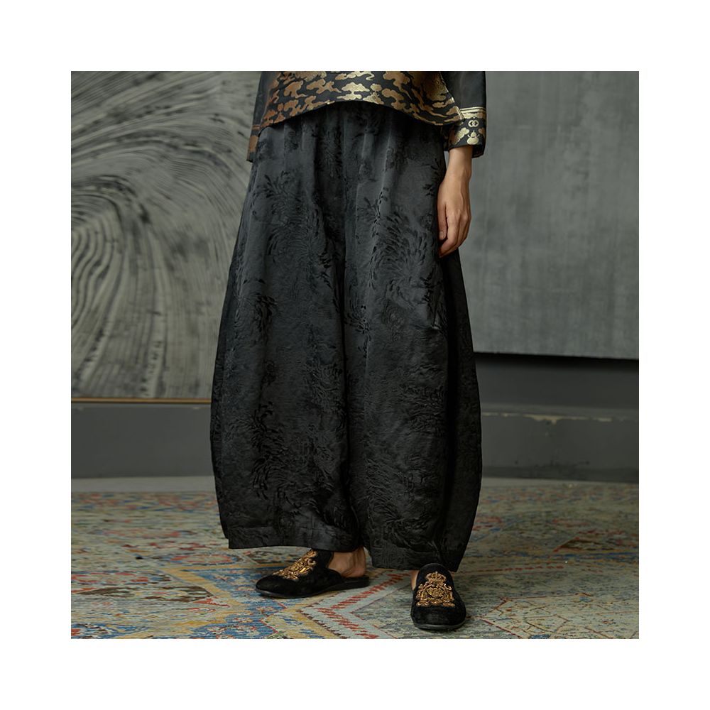 Contour Retro Fireworks Wide Leg Pants Black Ethnic Style Casual Pants Show Thin and High Versatile Concealing Meat Original Design Women s Pants image 5