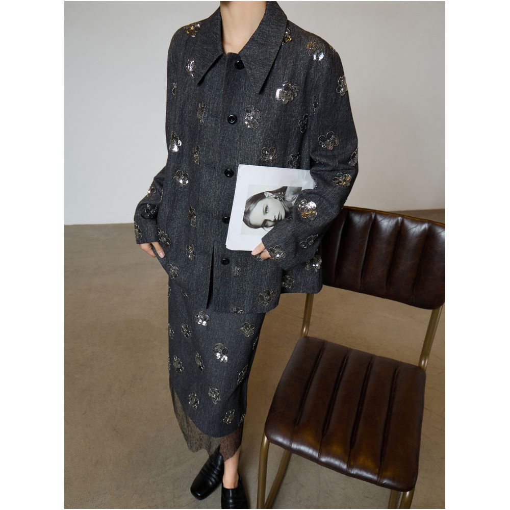 Heavy Industry High Intelligence Leisure Style Shining Denim Shirt Half Skirt Two piece Set for Women s Luxury 2025 Autumn and Winter New image 0