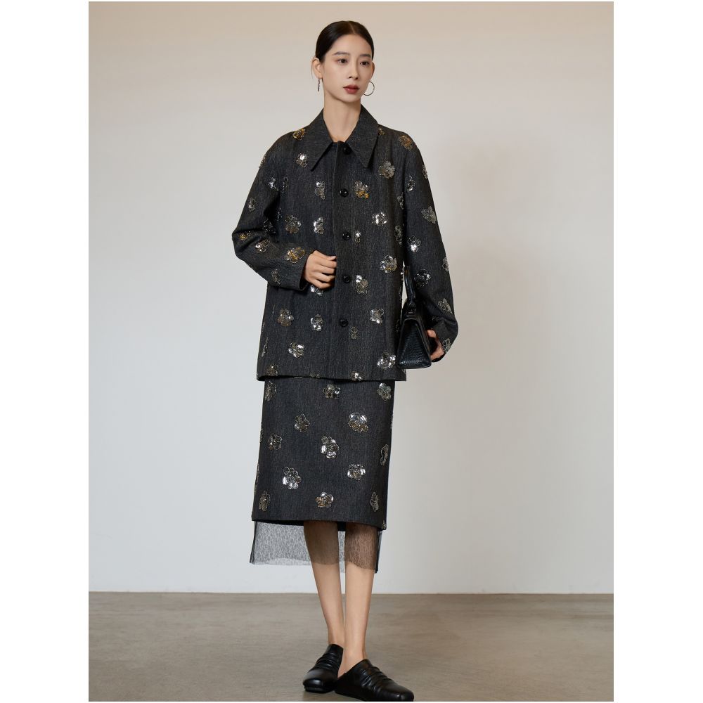 Heavy Industry High Intelligence Leisure Style Shining Denim Shirt Half Skirt Two piece Set for Women s Luxury 2025 Autumn and Winter New image 4