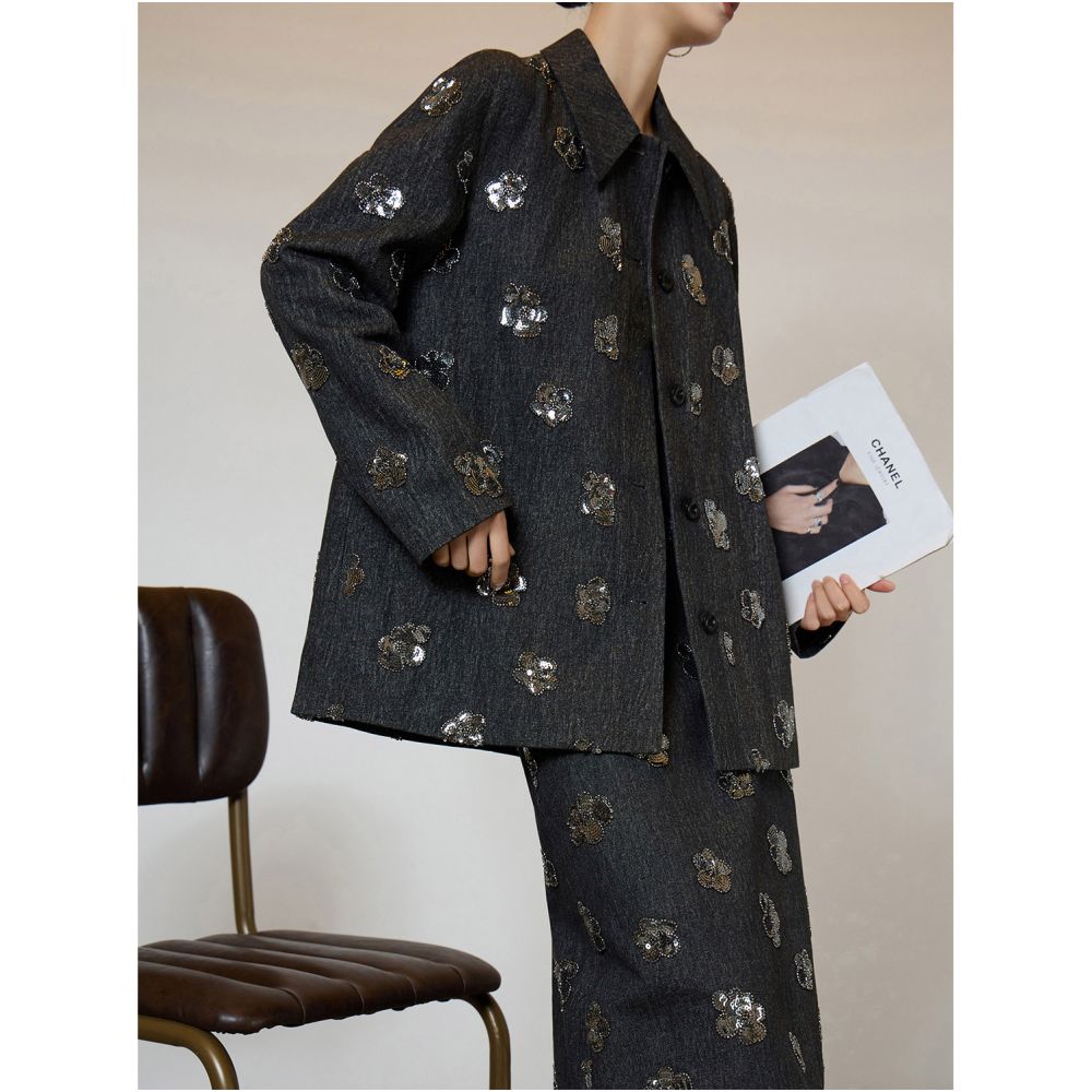 Heavy Industry High Intelligence Leisure Style Shining Denim Shirt Half Skirt Two piece Set for Women s Luxury 2025 Autumn and Winter New image 5