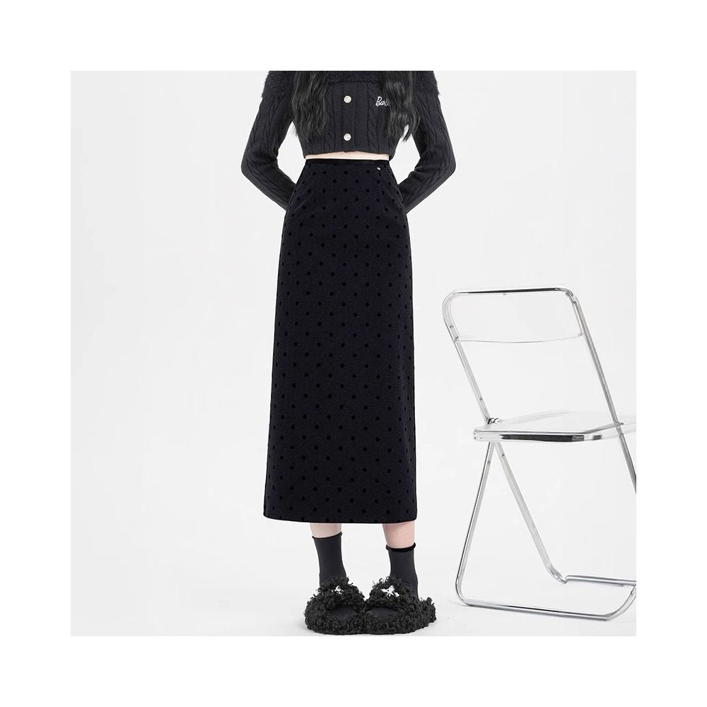 Rouje Wardr French polka dot woolen midi skirt for women in autumn and winter with a slit and a shape to wrap the hips and thicken the straight tube long skirt image 5