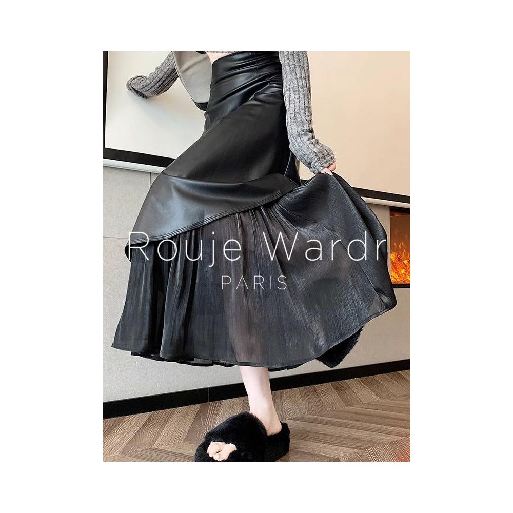 Rouje Wardr French style high end patchwork skirt women s autumn and winter design leather skirt A line fish tail long skirt image 0