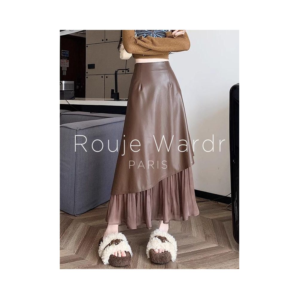 Rouje Wardr French style high end patchwork skirt women s autumn and winter design leather skirt A line fish tail long skirt image 1