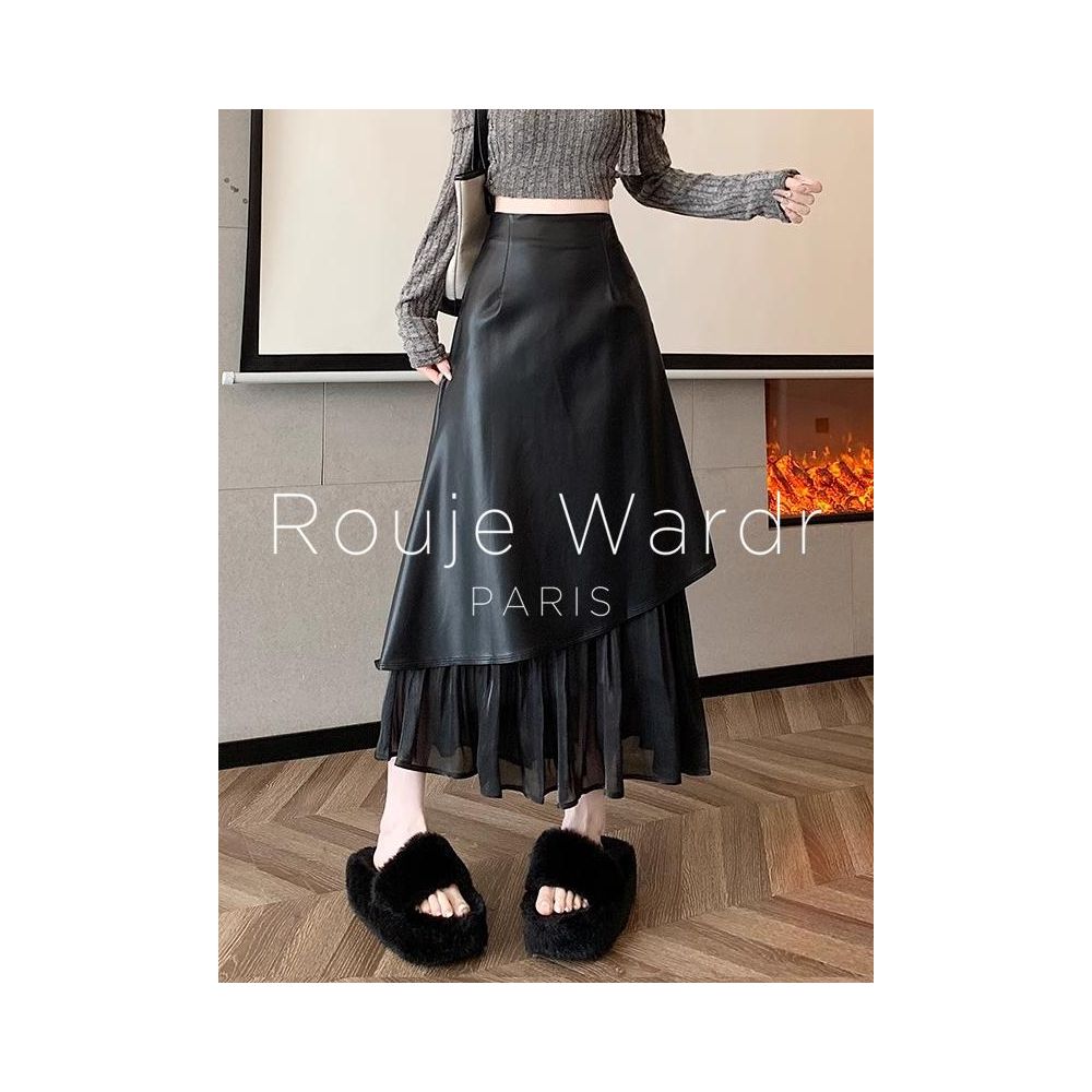 Rouje Wardr French style high end patchwork skirt women s autumn and winter design leather skirt A line fish tail long skirt image 2