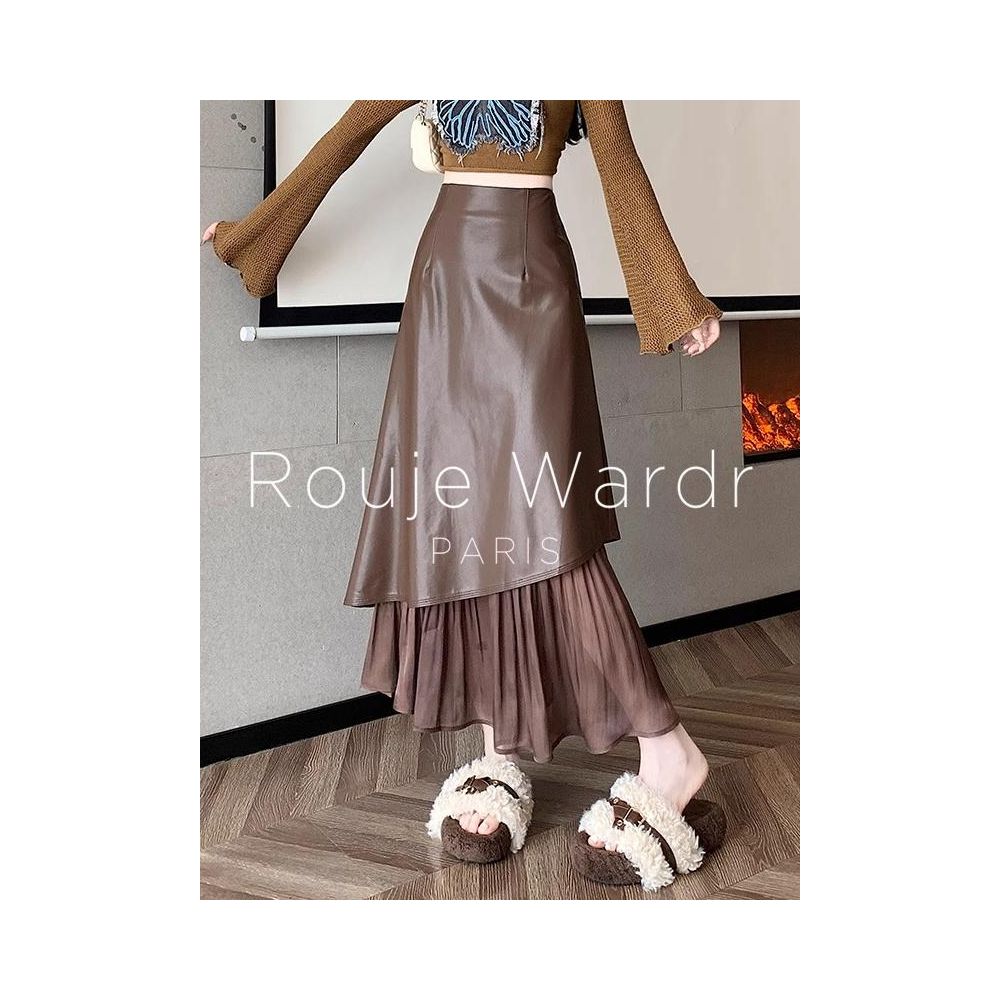 Rouje Wardr French style high end patchwork skirt women s autumn and winter design leather skirt A line fish tail long skirt image 3