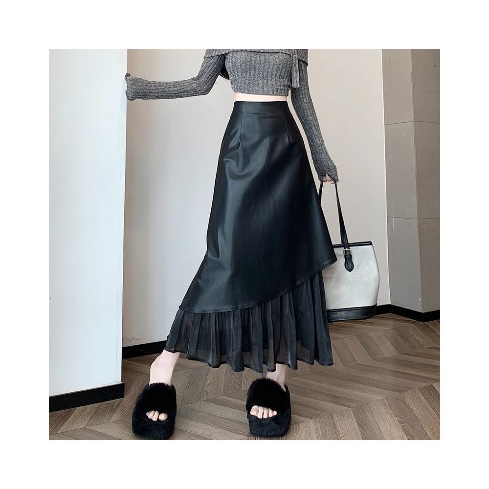 Rouje Wardr French style high end patchwork skirt women s autumn and winter design leather skirt A line fish tail long skirt image 8