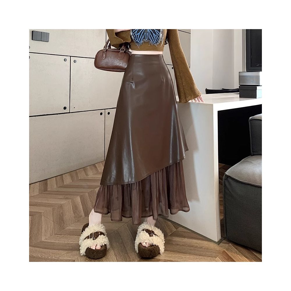 Rouje Wardr French style high end patchwork skirt women s autumn and winter design leather skirt A line fish tail long skirt image 11
