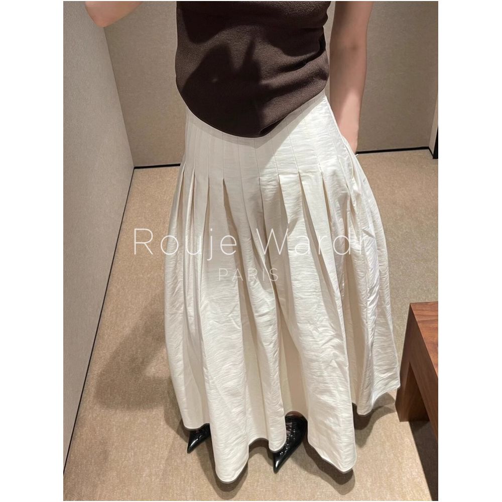 Rouje Wardr French white A line pleated skirt for women in summer with a high end feel and a high waist hanging A line umbrella skirt image 1