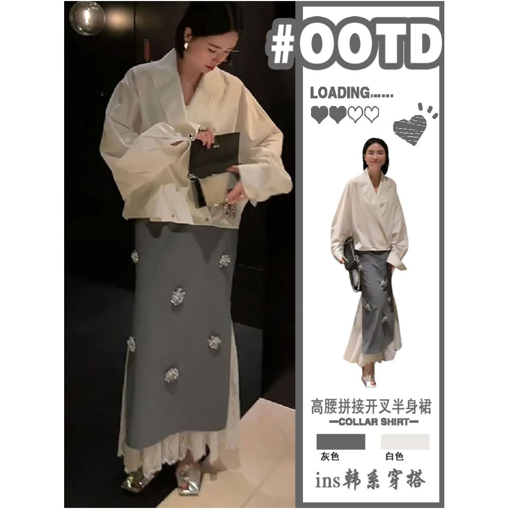 Korean gray suit half skirt for women 2025 new style lace splicing split hip skirt three dimensional nail bead one step skirt image 0