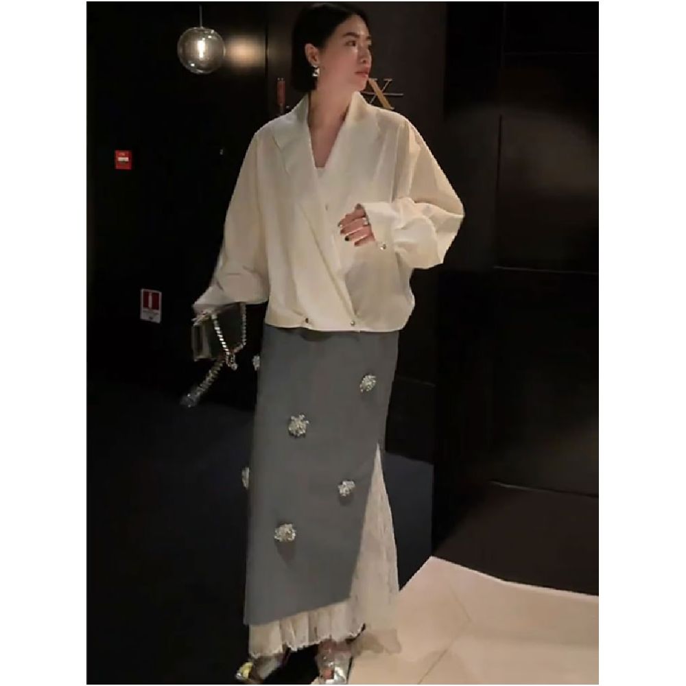 Korean gray suit half skirt for women 2025 new style lace splicing split hip skirt three dimensional nail bead one step skirt image 1